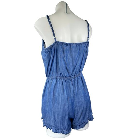 Mossimo Blue Sleeveless Tie Knit Ruffle Chambray Cami Tank Romper Shorts Size S - Picture 2 of 4